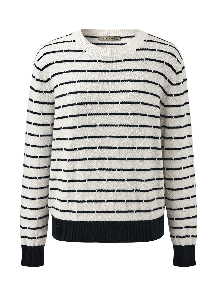 COMOBOCA 100% Cashmere Women's Striped Round Neck Knit Sweater