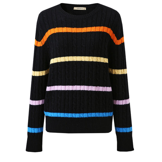 COMOBOCA 100% Wool Women's Colorful Striped Cable Knit Sweater