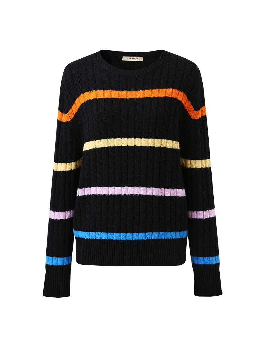 COMOBOCA 100% Wool Women's Colorful Striped Cable Knit Sweater
