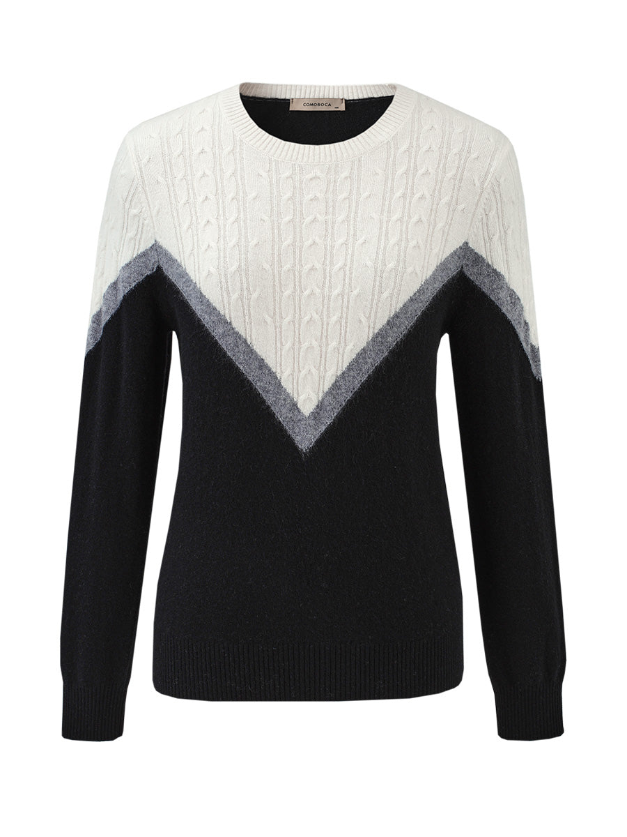 COMOBOCA 100% Cashmere Women's Color Block Cable Knit Sweater