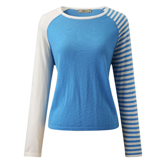COMOBOCA 100% Wool Women's Striped Sleeve Contrast Knit Worsted Sweater