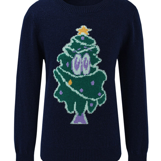 COMOBOCA 100% Wool Kids' Christmas Tree Round Neck Sweater
