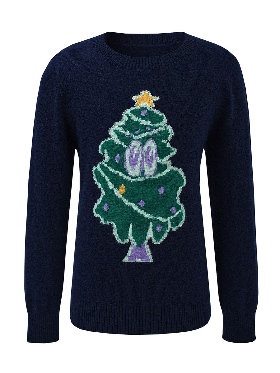 COMOBOCA 100% Wool Kids' Christmas Tree Round Neck Sweater