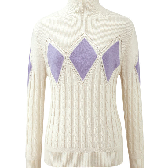 COMOBOCA 100% Cashmere Women's Argyle Cable Turtleneck Knit Sweater