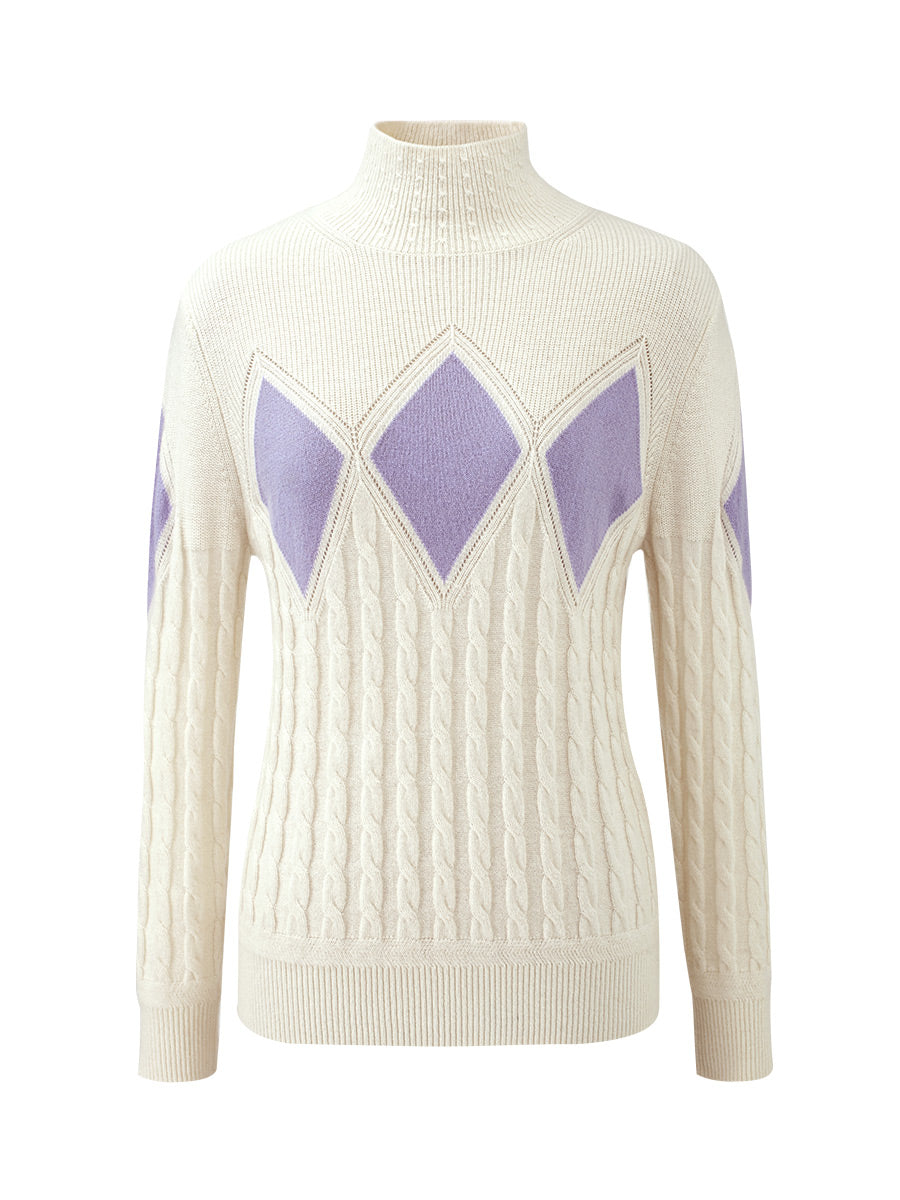 COMOBOCA 100% Cashmere Women's Argyle Cable Turtleneck Knit Sweater
