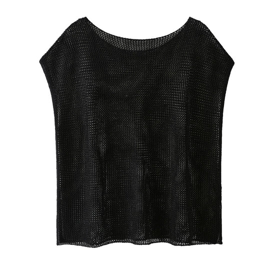 COMOBOCA Women's Sheer Mesh Knit Cap Sleeve Top with Side Slit