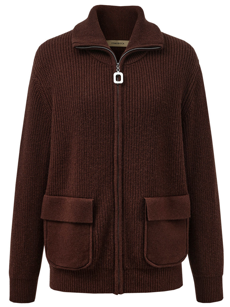 COMOBOCA 100% Wool Women's Knit Zipper Cardigan with Pockets