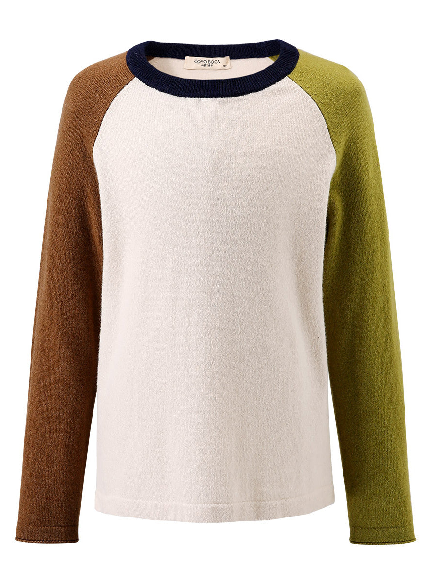 COMOBOCA Olive Green 100% Wool Kid's Casual Colorblock Knit Sweater