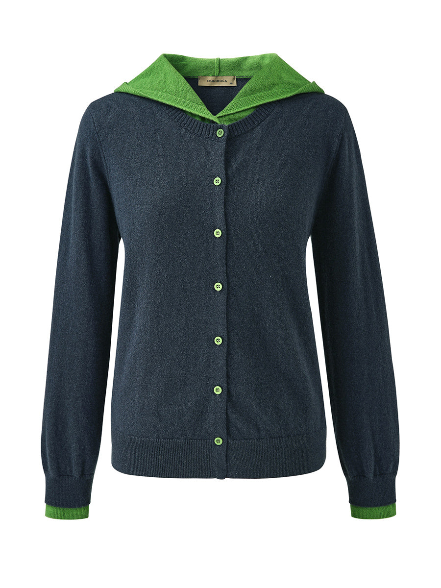 COMOBOCA 100% Wool Women's Contrast Button Down Hoodie