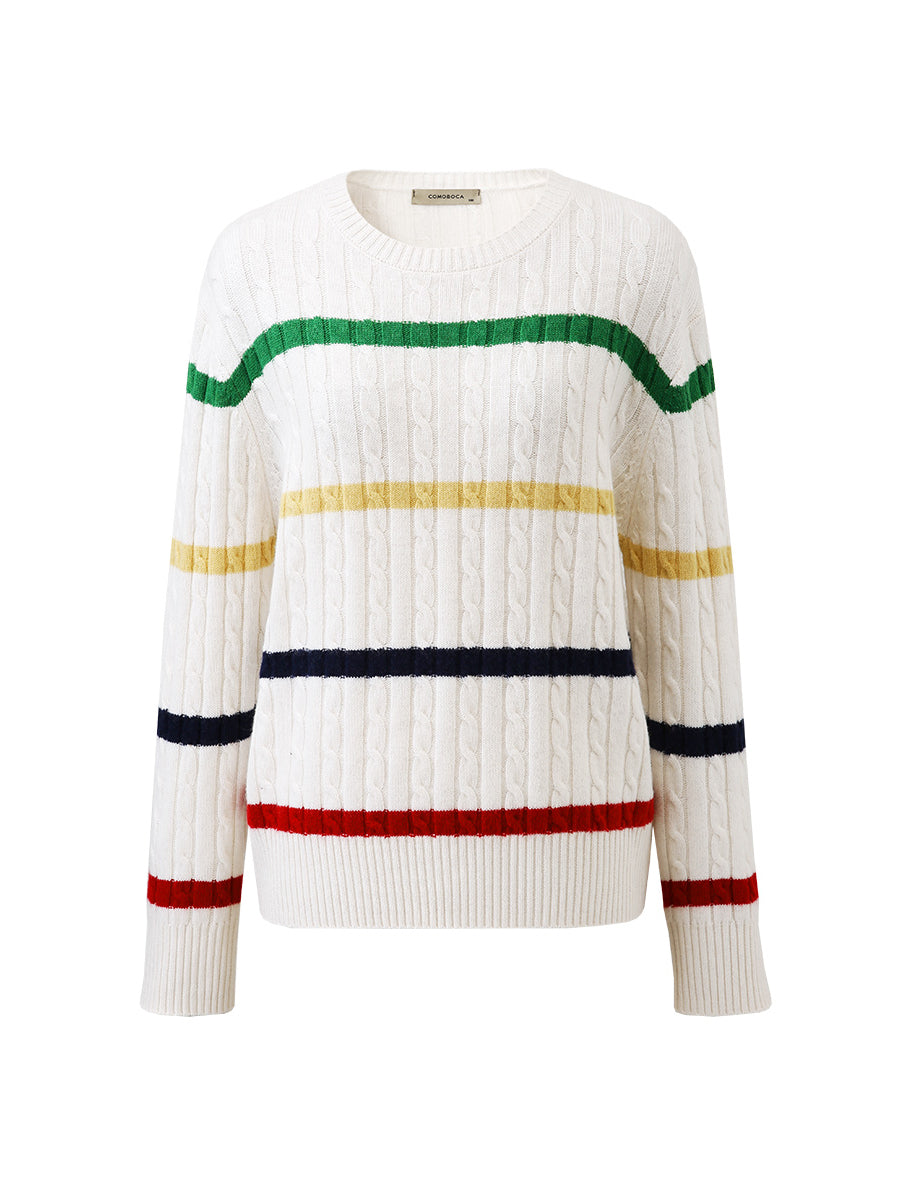 COMOBOCA 100% Wool Women's Colorful Striped Cable Knit Sweater