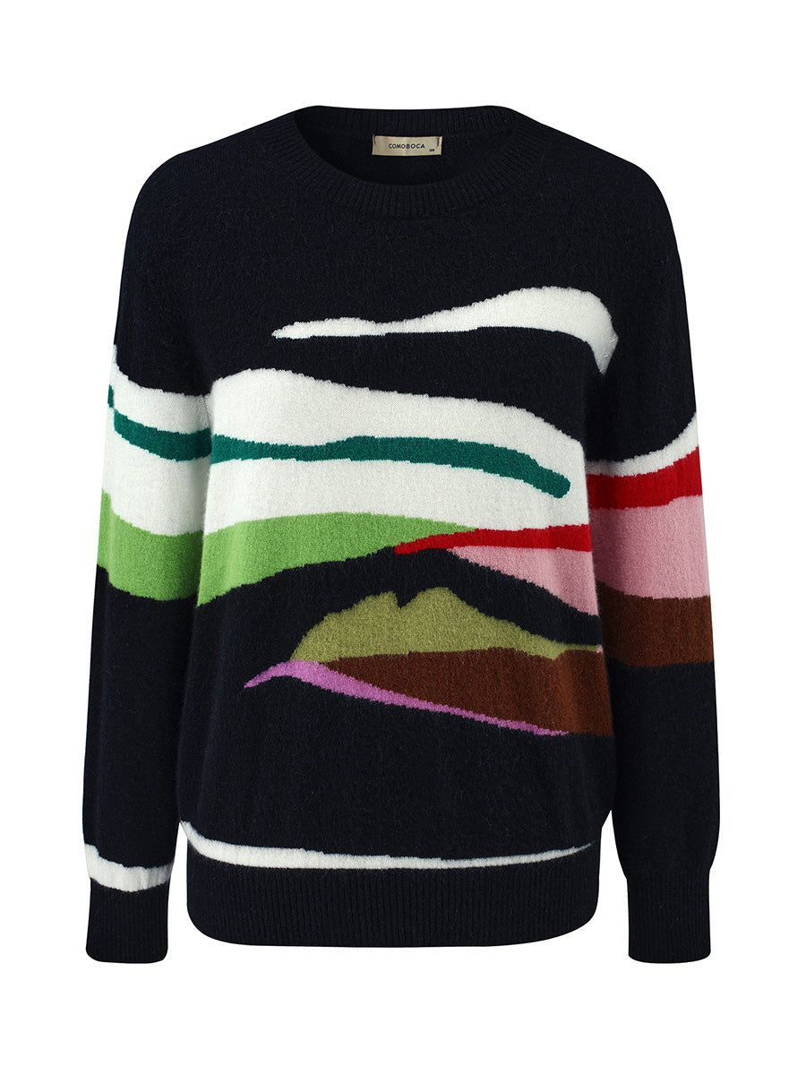 COMOBOCA 100% Cashmere Women's Abstract Pattern Round Neck Sweater