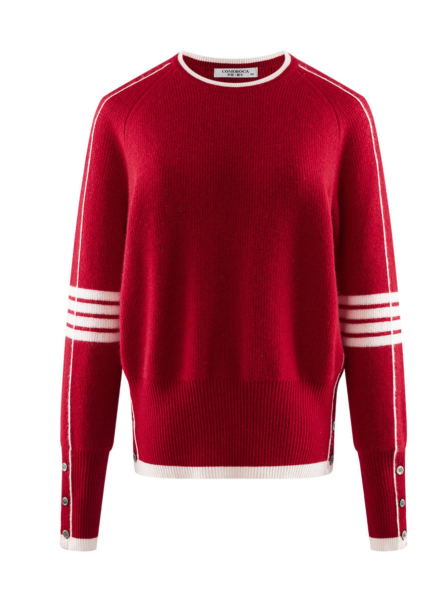 COMOBOCA 100% Cashmere Women's Striped Sleeve Round Neck Sweater