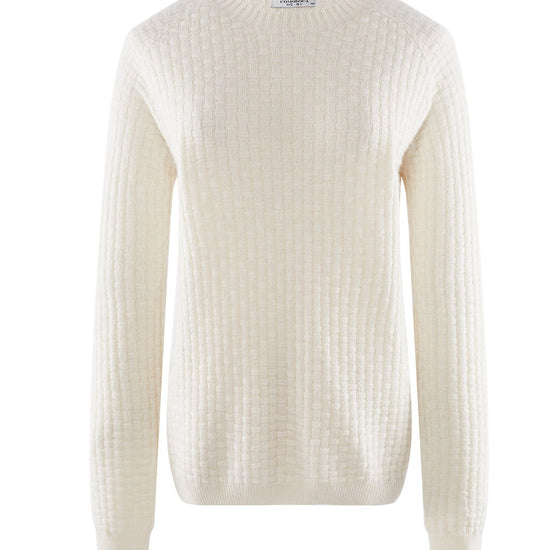 COMOBOCA White 100% Cashmere Women's Round Neck Ribbed Knit Sweater