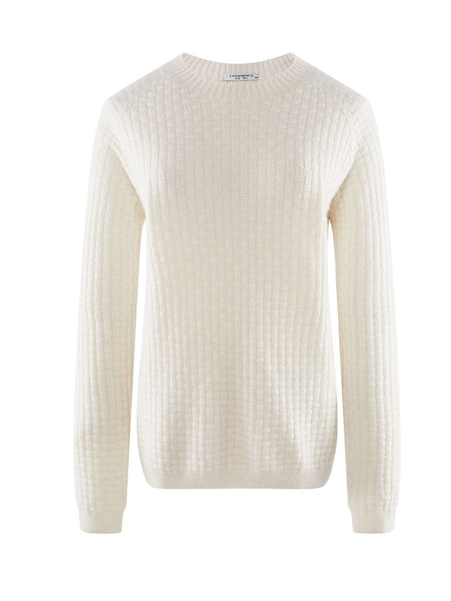 COMOBOCA White 100% Cashmere Women's Round Neck Ribbed Knit Sweater