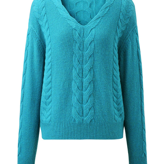 COMOBOCA 100% Cashmere Women's Cable Knit V-Neck Sweater