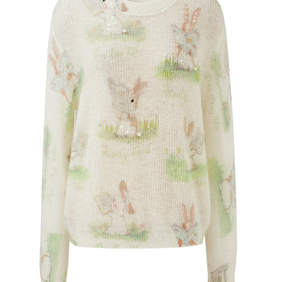 COMOBOCA Women's Bunny Printed Round Neck Sweater