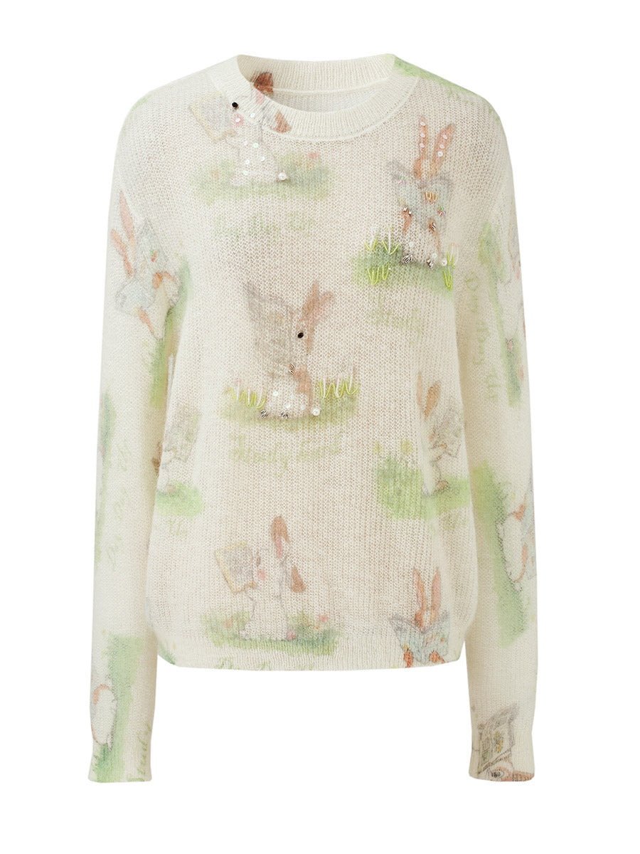 COMOBOCA Women's Bunny Printed Round Neck Sweater