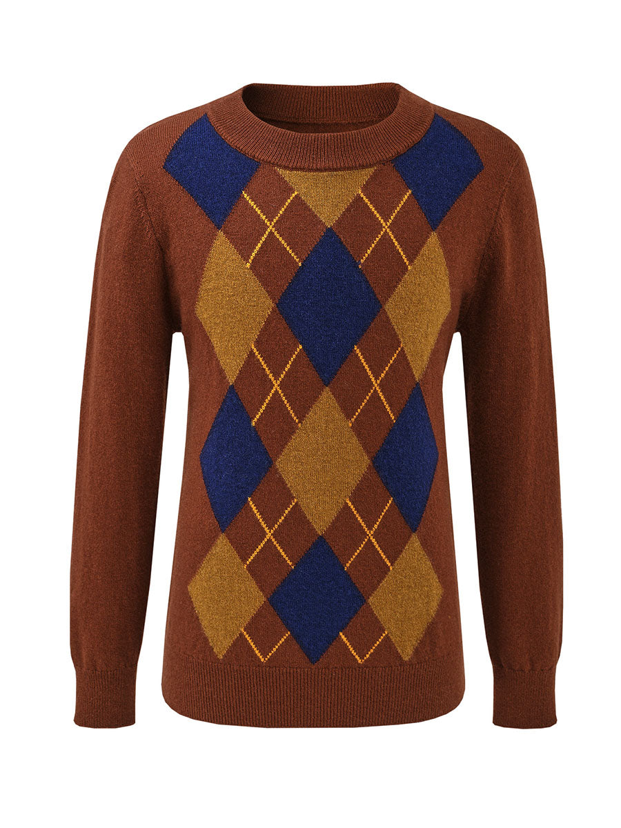 COMOBOCA 100% Wool Kids' Argyle Pattern Round Neck Sweater