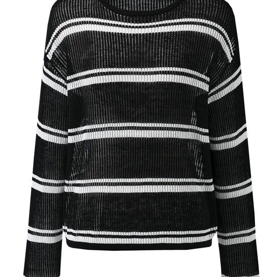 COMOBOCA Women's Striped Ribbed Round Neck Sweater