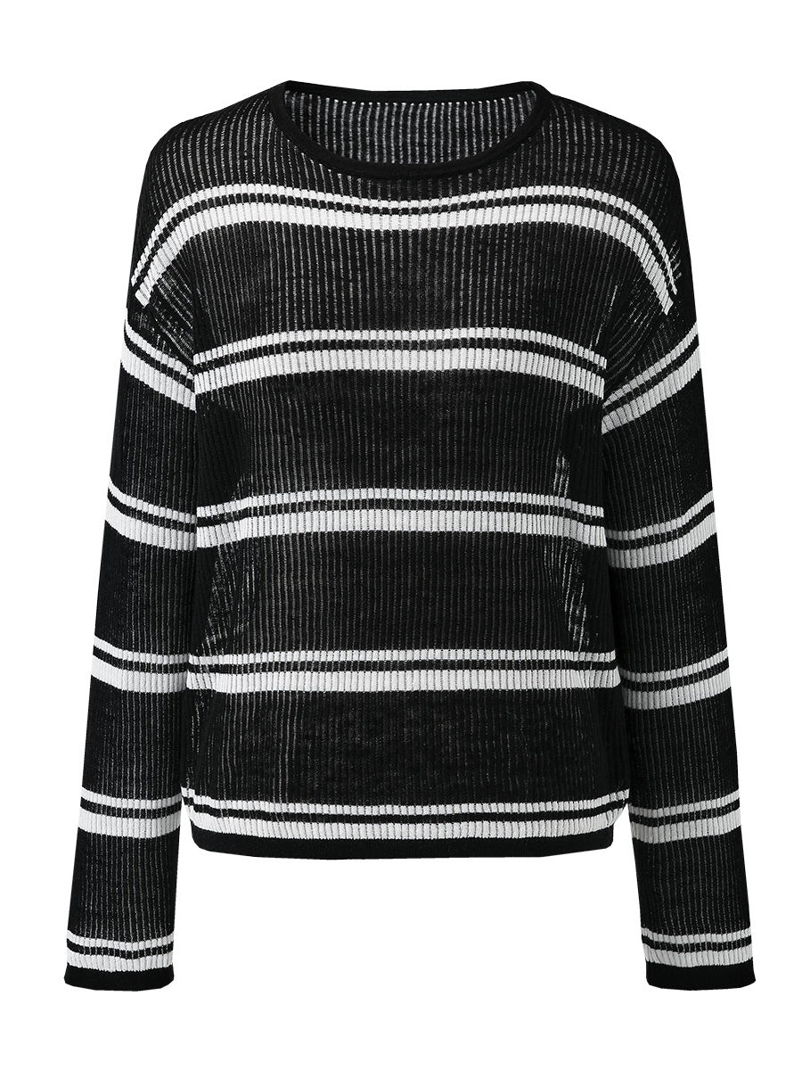 COMOBOCA Women's Striped Ribbed Round Neck Sweater