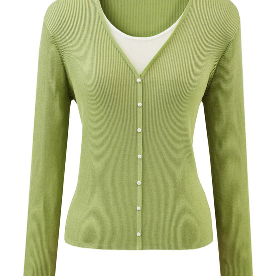 COMOBOCA Women's Ribbed Knit V-Neck Faux Cardigan