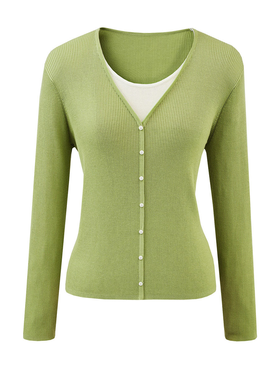 COMOBOCA Women's Ribbed Knit V-Neck Faux Cardigan