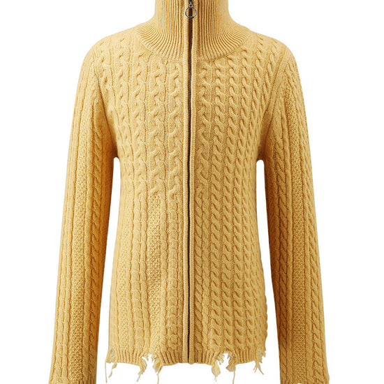 COMOBOCA Yellow 100% Wool Kid's Cable Knit Turtleneck Zip Up Cardigan
