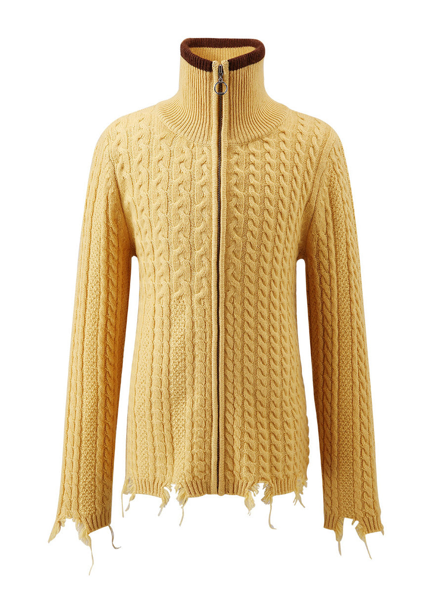 COMOBOCA Yellow 100% Wool Kid's Cable Knit Turtleneck Zip Up Cardigan