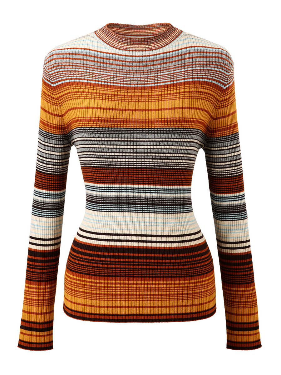 COMOBOCA 100% Wool Women's Multicolor Striped Knit Sweater