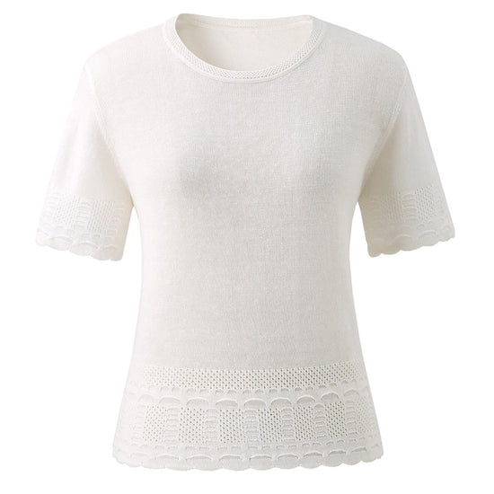 COMOBOCA Women's Scalloped Lace Trim Knit T-Shirt
