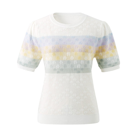 COMOBOCA Women's Rainbow Floral Semi Sheer Knit T-Shirt