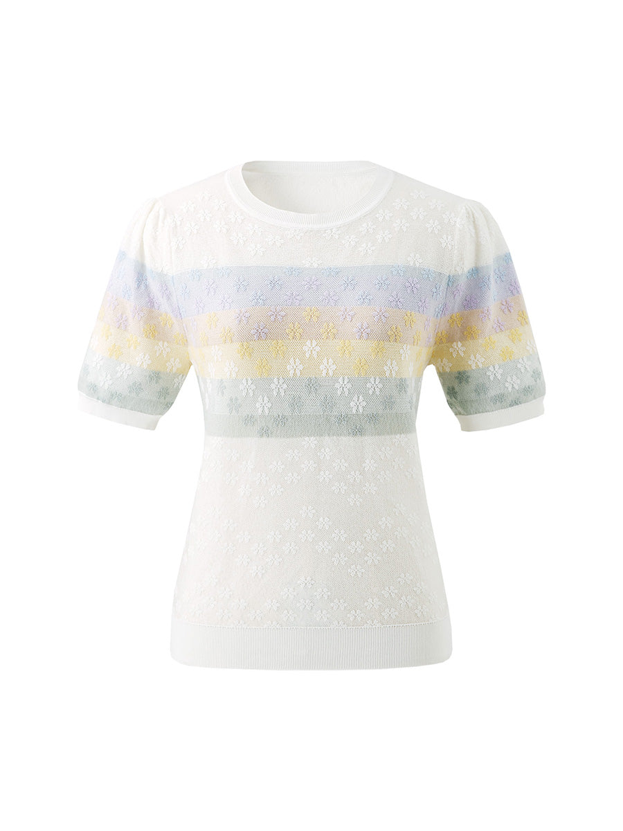 COMOBOCA Women's Rainbow Floral Semi Sheer Knit T-Shirt