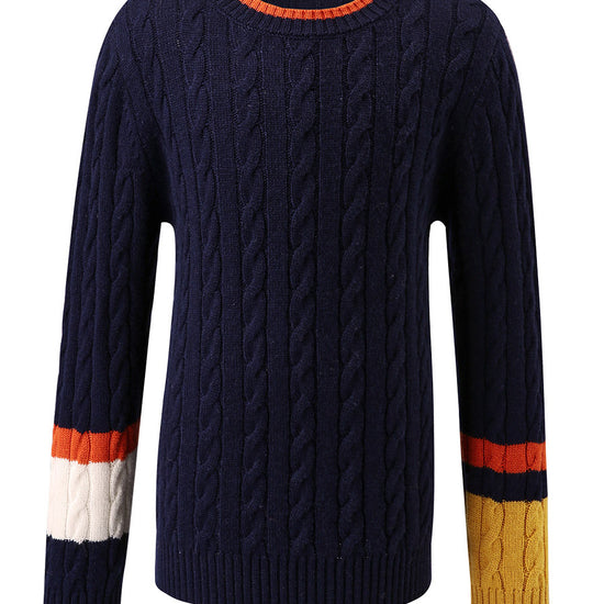 COMOBOCA 100% Wool Kids' Cable Knit Sweater with Color Block Detail