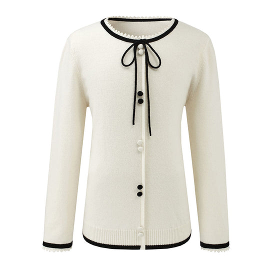 COMOBOCA 100% Wool Kids' Tie-Neck Contrast Trim Sweater