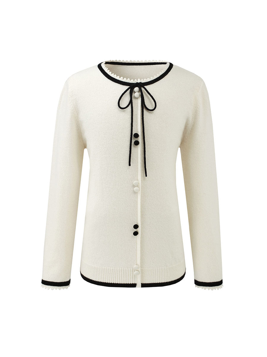 COMOBOCA 100% Wool Kids' Tie-Neck Contrast Trim Sweater