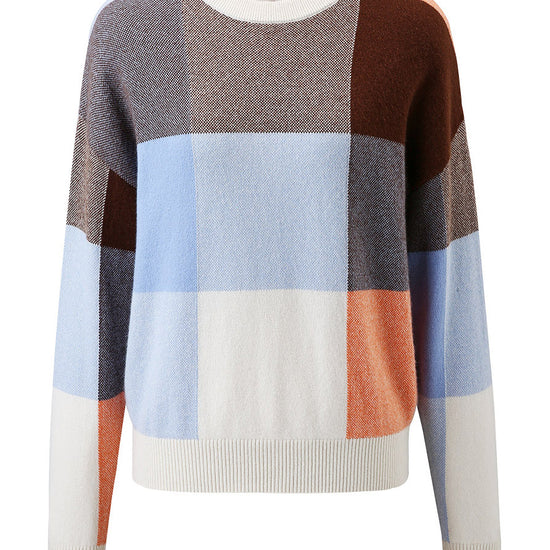COMOBOCA 100% Cashmere Women's Color Block Plaid Sweater