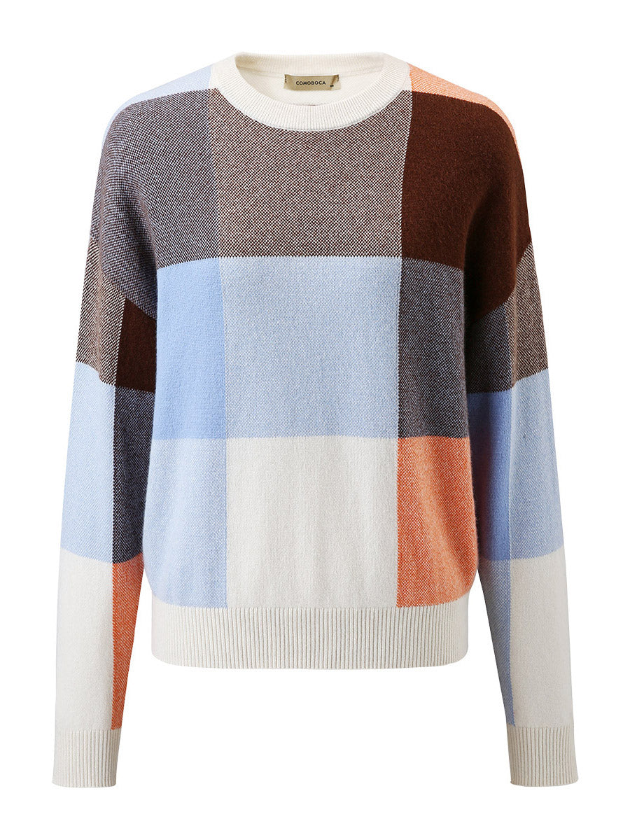 COMOBOCA 100% Cashmere Women's Color Block Plaid Sweater