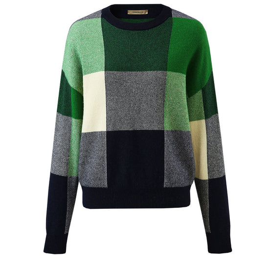COMOBOCA 100% Cashmere Women's Color Block Plaid Sweater