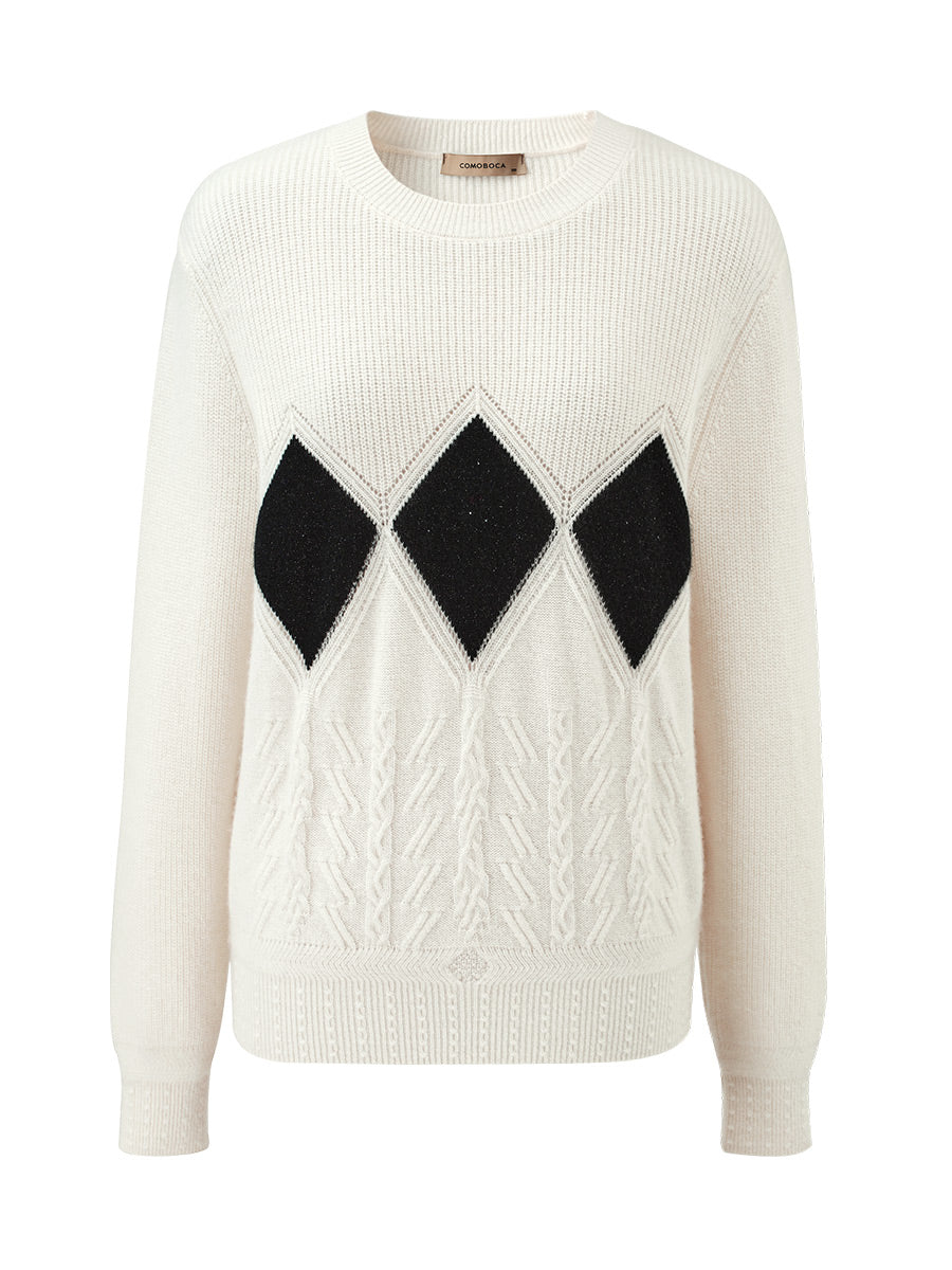 COMOBOCA 100% Cashmere Women's Argyle Patterned Round Neck Sweater