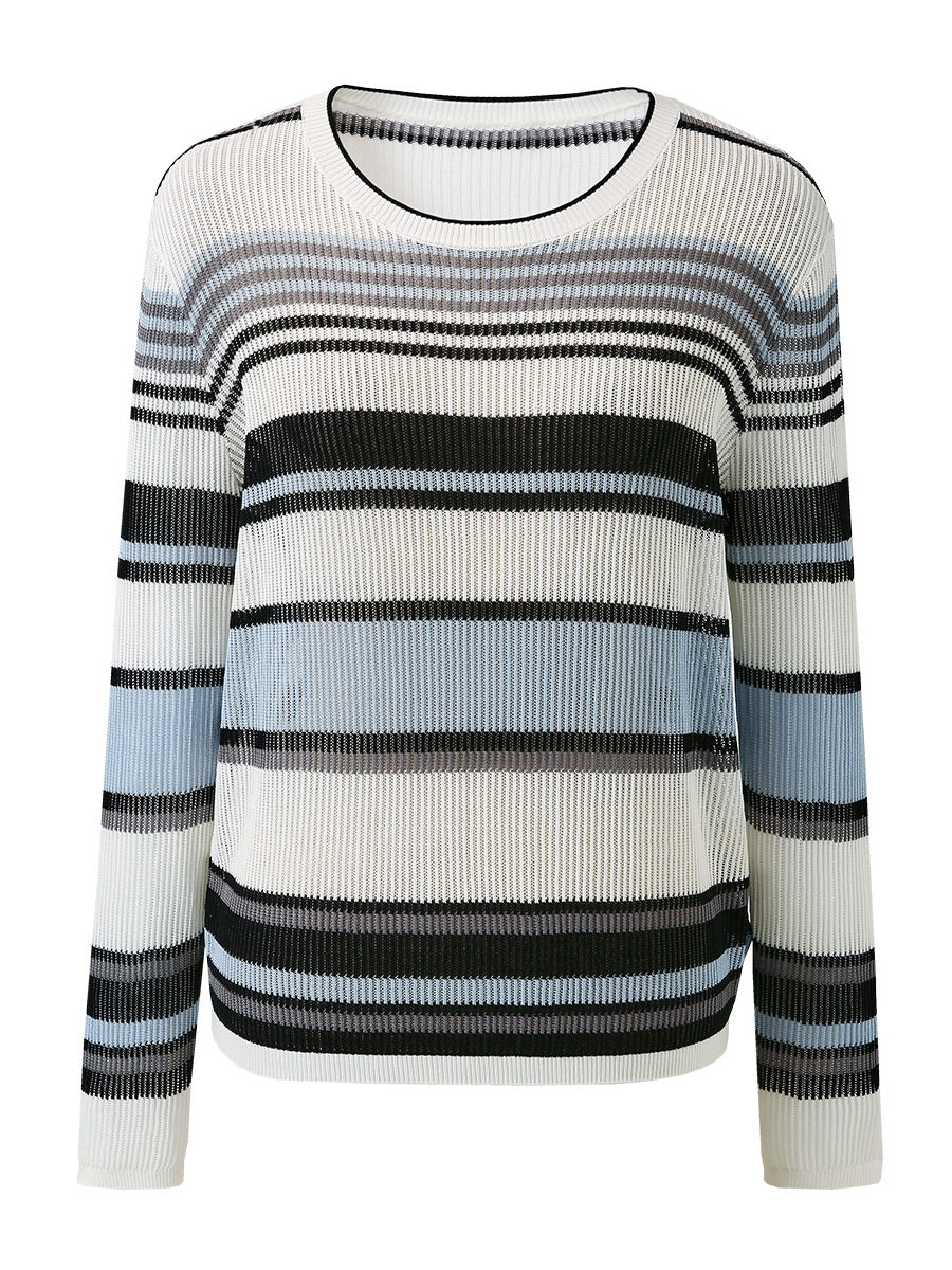 COMOBOCA Women's Striped Ribbed Round Neck Sweater
