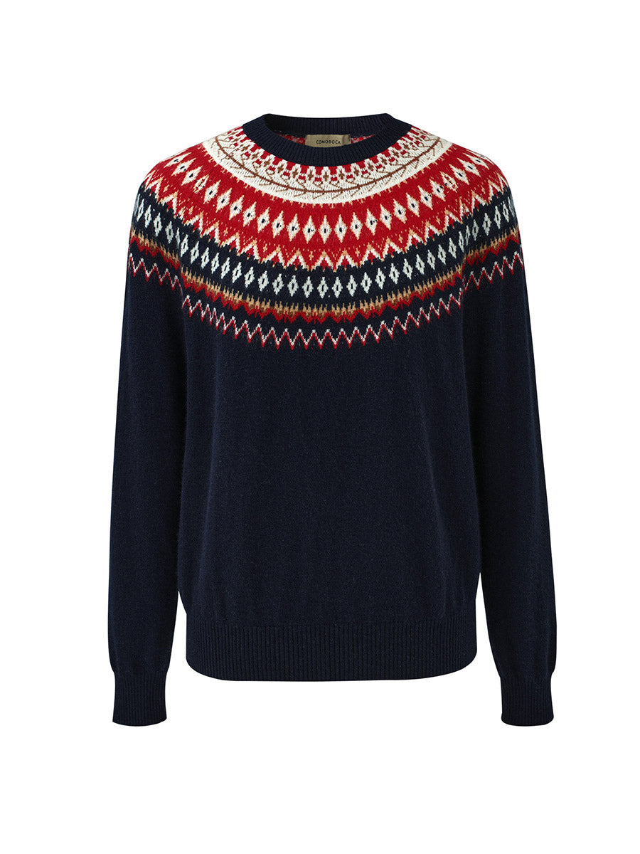 COMOBOCA 100% Cashmere Women's Fair Isle Round Neck Sweater