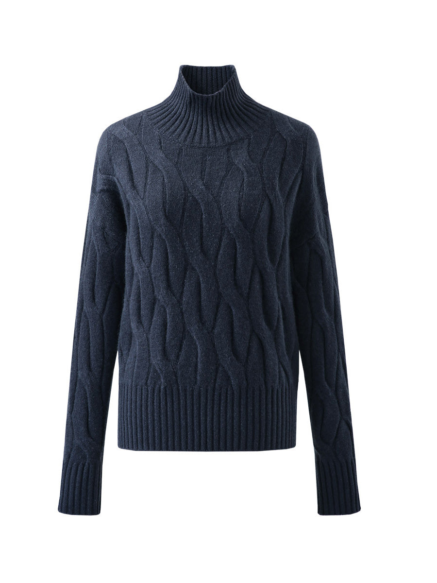 COMOBOCA 100% Cashmere Women's Turtleneck Cable Knit Sweater