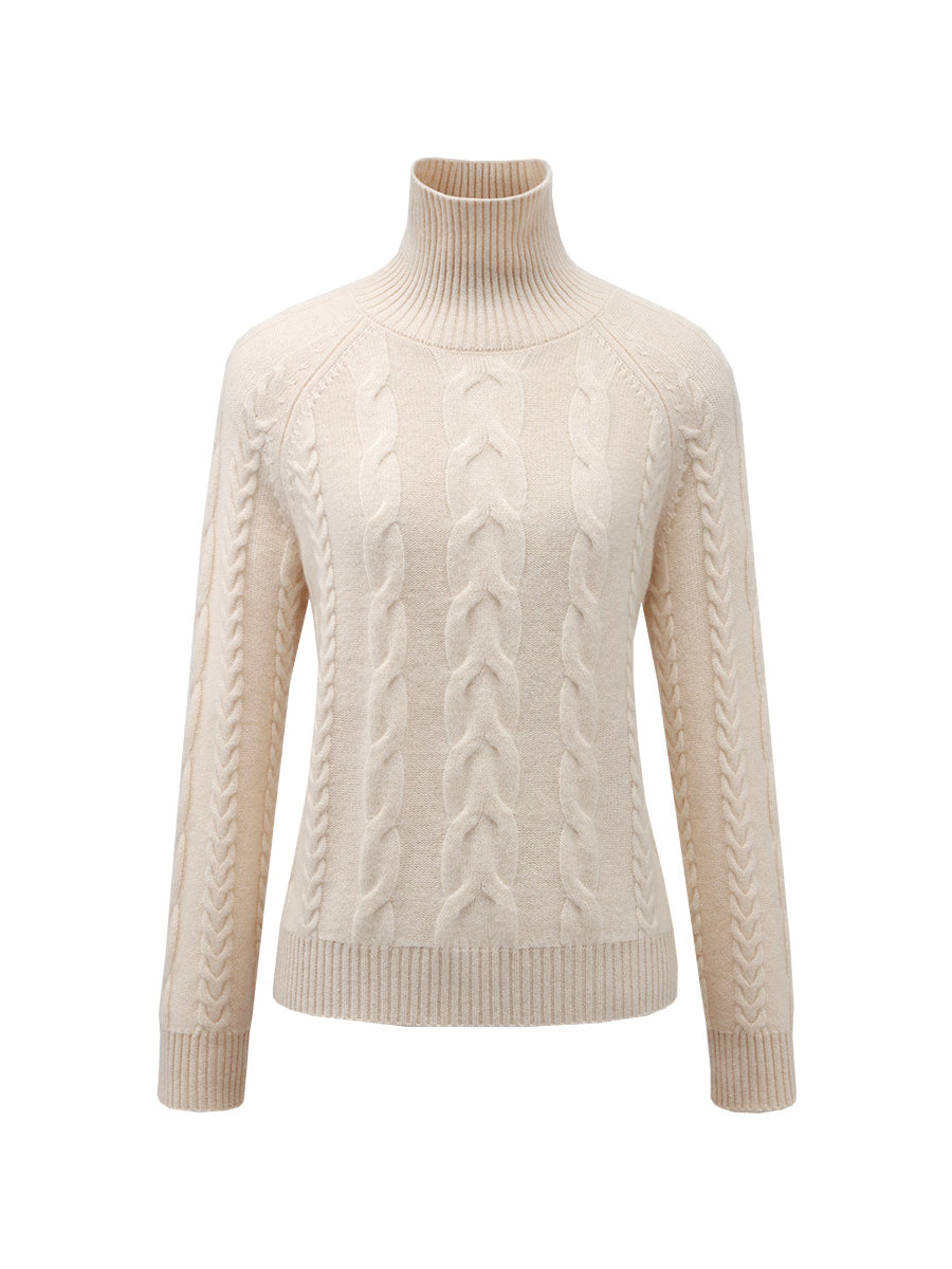 COMOBOCA 100% Cashmere Women's Turtleneck Cable Knit Sweater