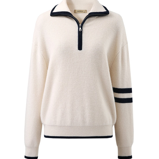 COMOBOCA 100% Cashmere Women's Contrast Trim Zip Sweater