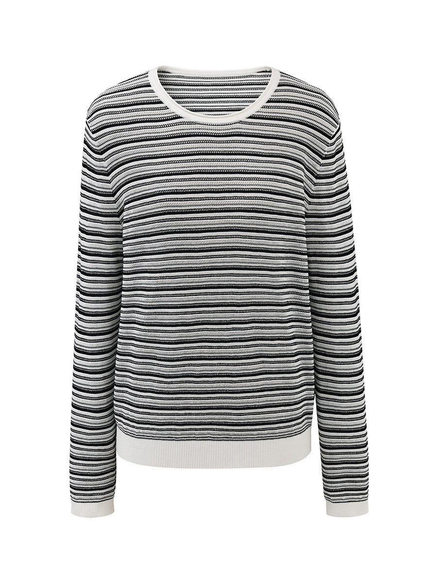 COMOBOCA Women's Striped Mesh Knit Round Neck Sweater