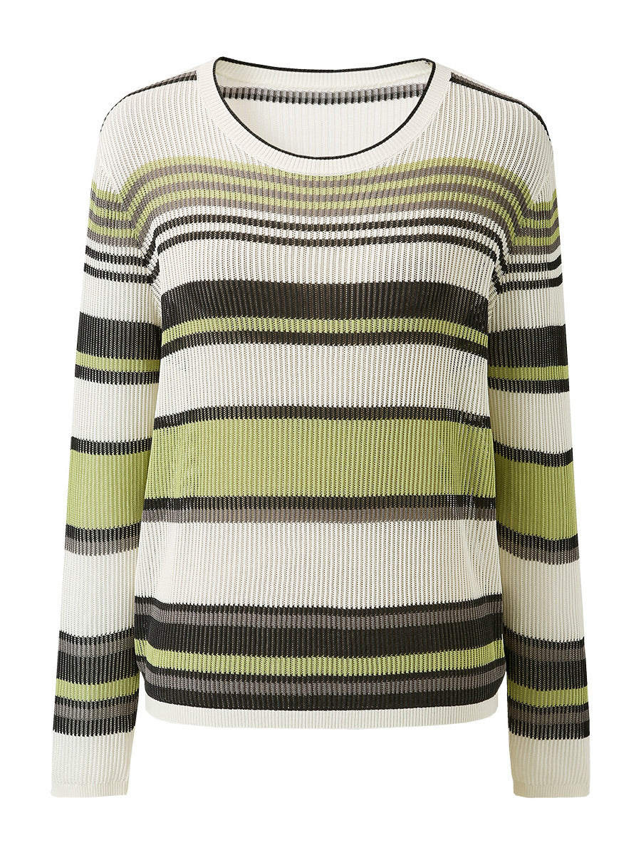 COMOBOCA Women's Striped Ribbed Round Neck Sweater