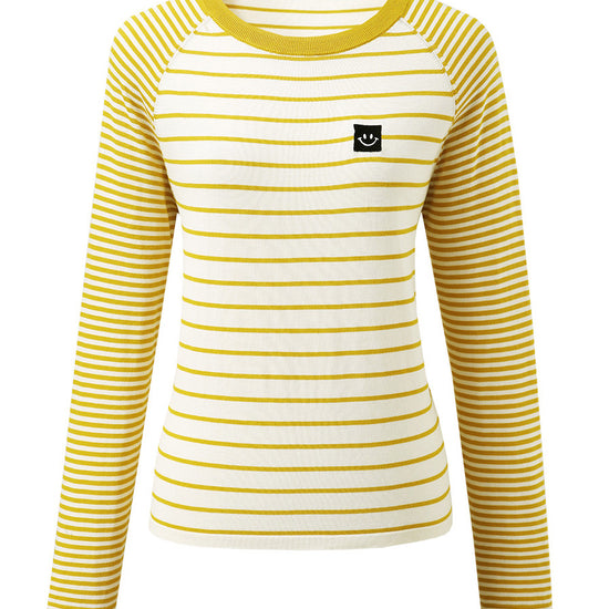 COMOBOCA Women's Cotton Silk Striped Smiley Patch T-Shirt Knit Sweater