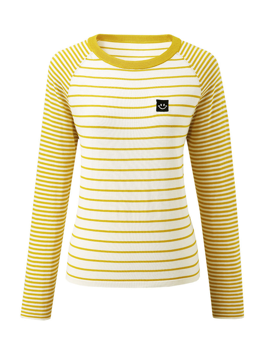 COMOBOCA Women's Cotton Silk Striped Smiley Patch T-Shirt Knit Sweater