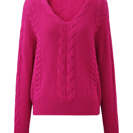 COMOBOCA 100% Cashmere Women's Cable Knit V-Neck Sweater