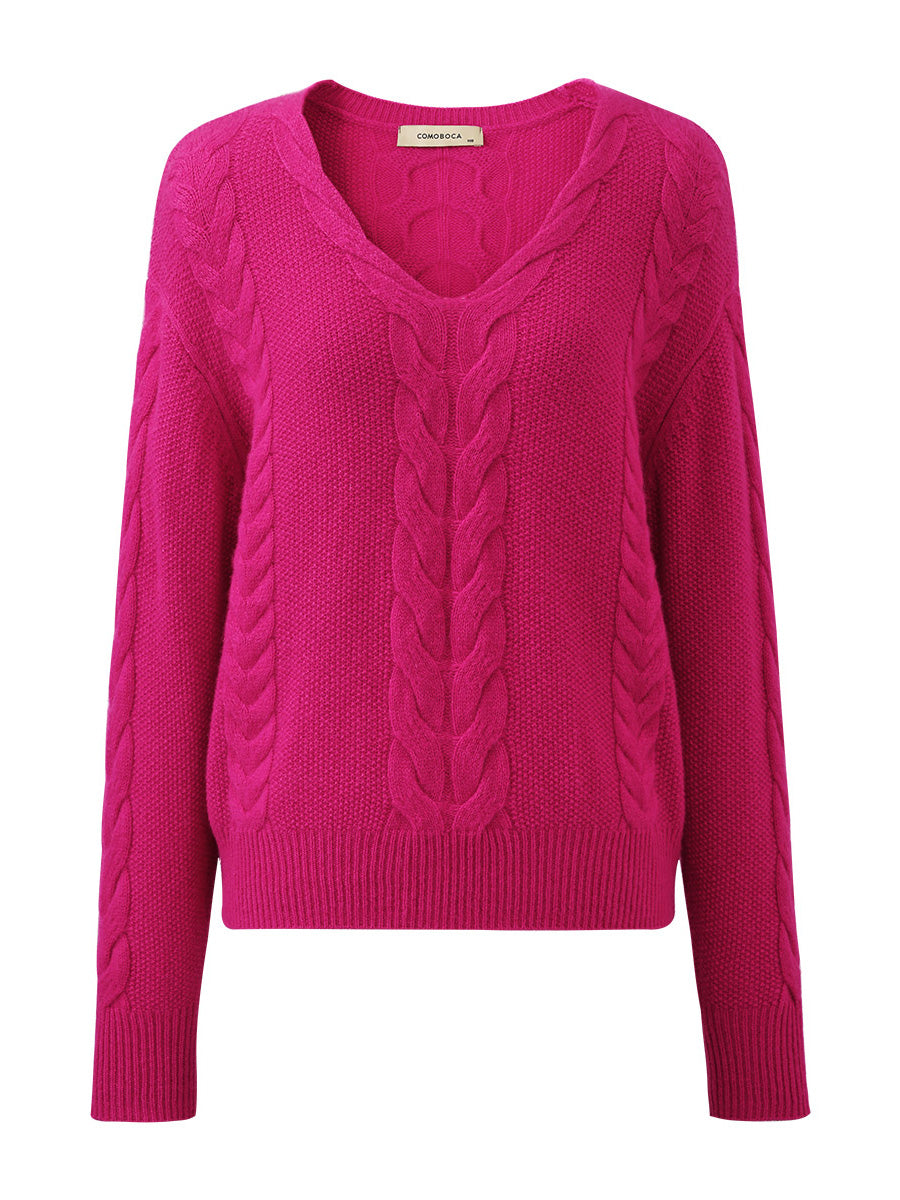 COMOBOCA 100% Cashmere Women's Cable Knit V-Neck Sweater